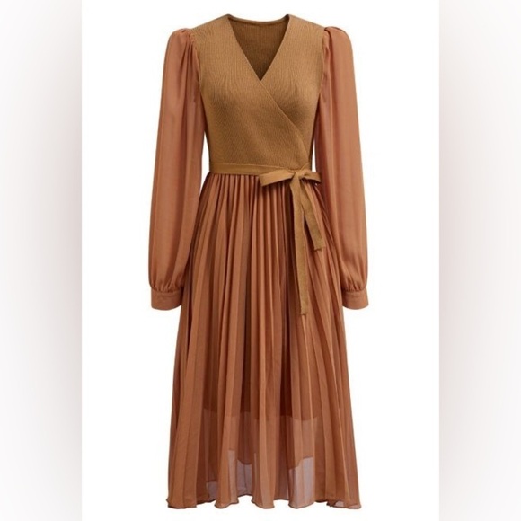 [WOMEN] CHIC WISH Knit Chiffon Dress S/M Caramel Brown Fall - Picture 9 of 10